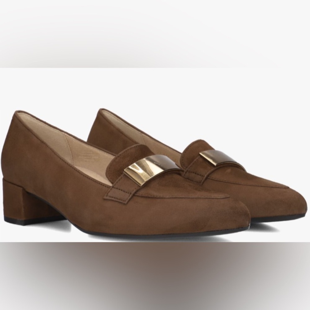GABOR (6.5) Pump with Gold Buckle Suede Padded Insole Flex Outsole Brown NEW